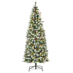 HOMCOM Weihnachtsbaum 1,8 m, künstlicher Tannenbaum mit LED-Lichtern, roten Beeren und Tannenzapfen.