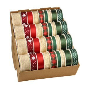 Geschenkband-Set für Weihnachten: Gold, Rot, Grün, mit Mustern im Karton.