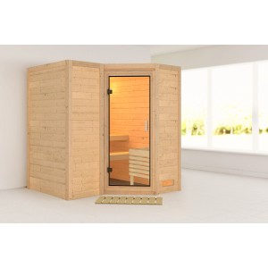 Woodfeeling Sauna Steena 1 mit Glastür, Fichte natur, inkl. Bänke und Ofenschutzgitter.
