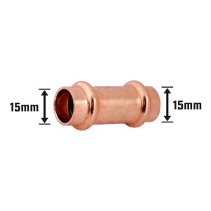 Kupfer Pressmuffe, Ø 15 mm, zur Verbindung von Kupferrohren im Sanitär- und Heizungsbau.