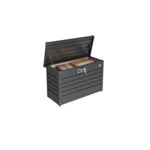 Dunkelgraue Biohort Paket-Box 100, offen mit Paketen. Diebstahlsichere Universalbox für Paketdienste.