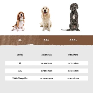 Größenangaben für Knuffelwuff Hundebett Jerry Kunstleder: XL, XXL, XXXL mit Maßangaben.