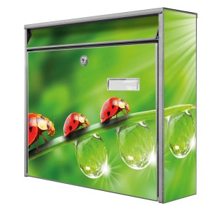 Silberner Banjado Briefkasten mit Marienkäfer-Motiv, inkl. Montagematerial und Schlüsseln.