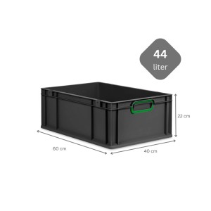 PROREGAL Eurobox, 44 Liter, schwarz mit grünen Griffen. Aufbewahrungsbox für Lager und Transport.