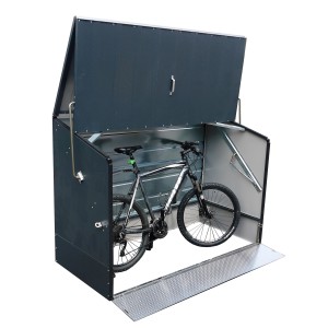 Geöffnete, anthrazitfarbene Trimetals Fahrradbox mit Fahrrad. Abschließbare Fahrradaufbewahrung.