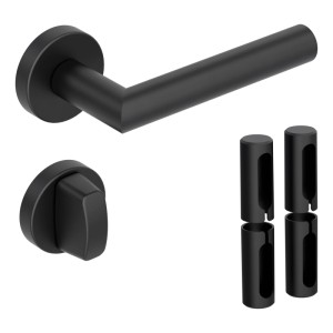 Schwarze Novadoors NOVA CORVO WC Türgriffgarnitur aus PVD-Edelstahl mit passenden Bandhülsen.