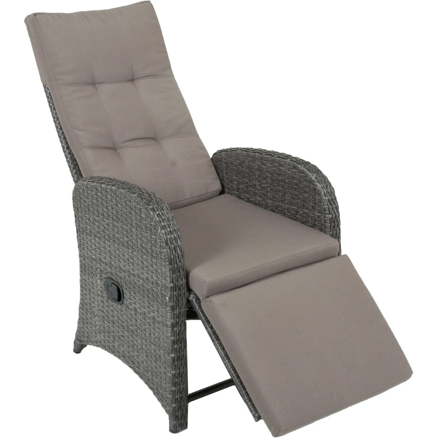 Grauer Relaxsessel Salerno (2er-Set) mit verstellbarer Rückenlehne und Fußteil aus Polyrattan.