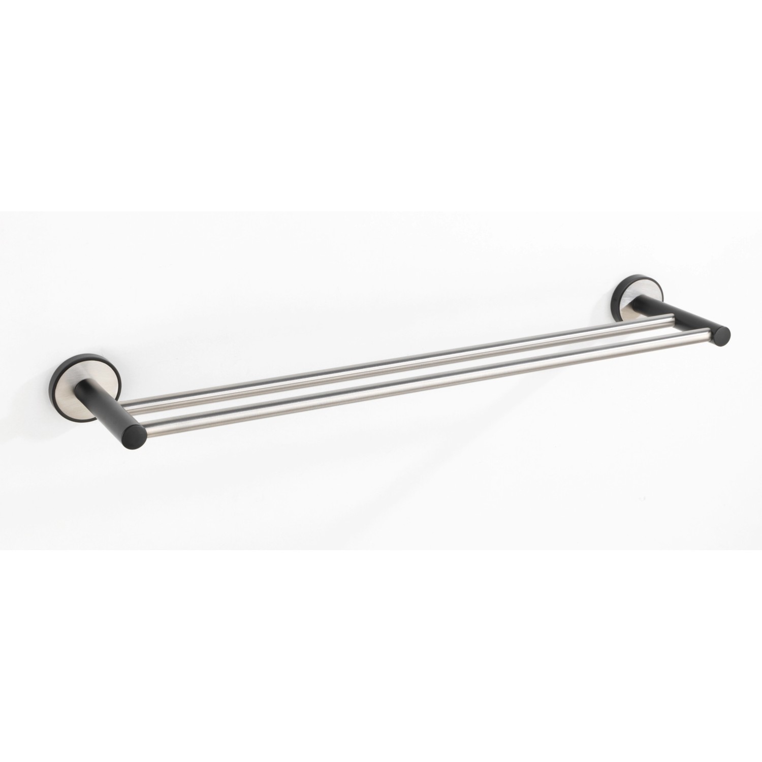 Wenko Badetuchstange Duo Udine, 60 cm, silber matt, mit zwei Stangen und schwarzer Wandhalterung.