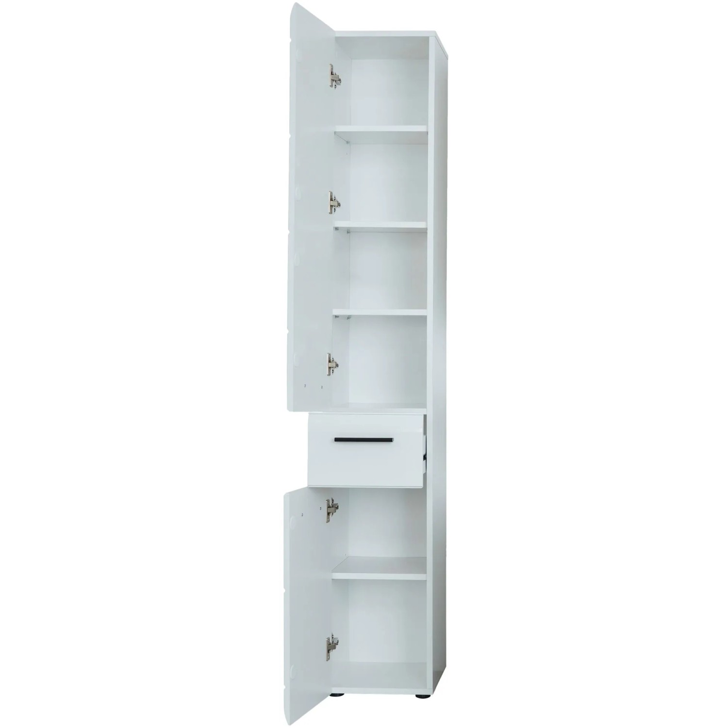 Weißer Trendteam Bad-Hochschrank Skin Bad, 30 cm breit, mit Schublade und offenen Türen.