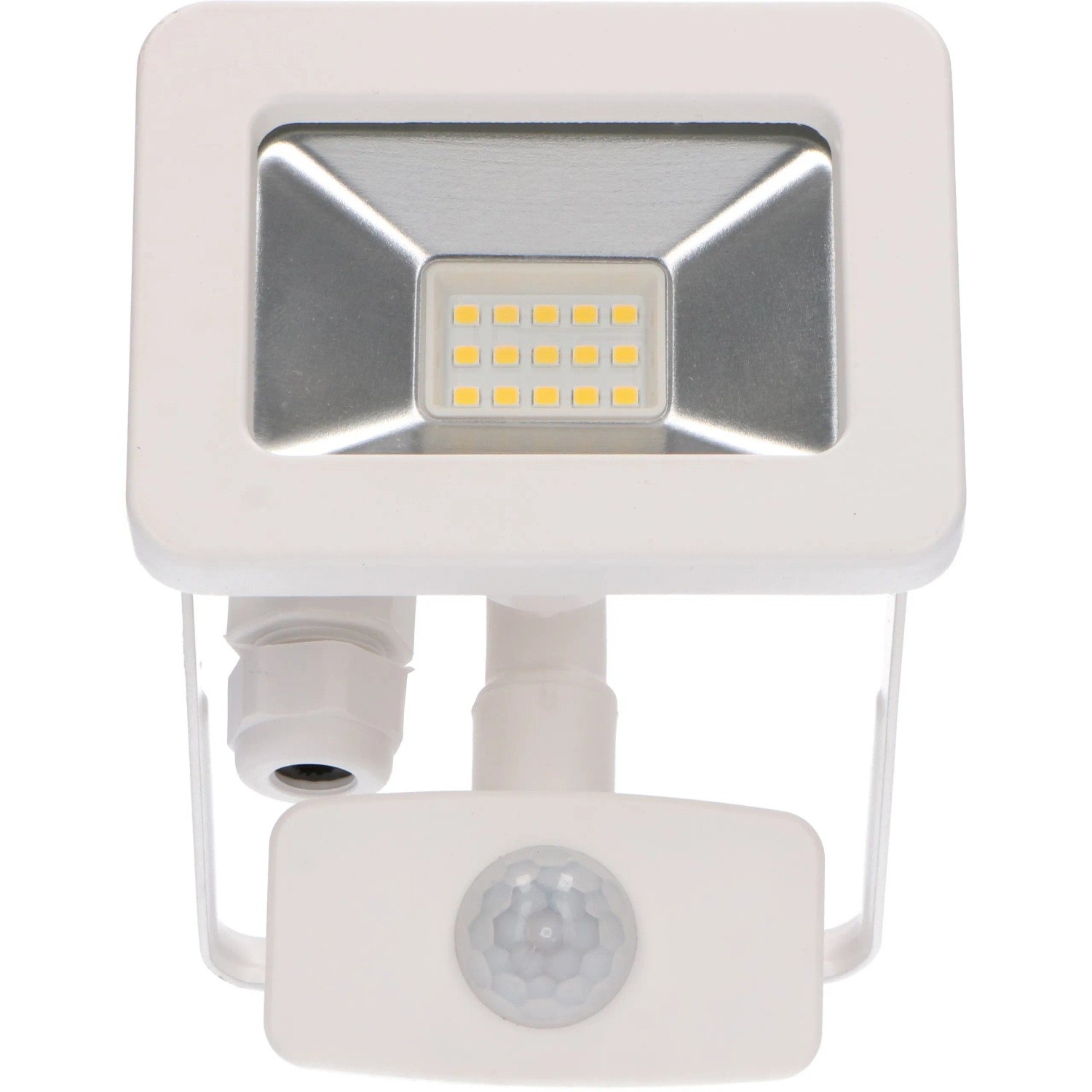 Weißer LED-Außenstrahler mit Sensor, 10W, 4000K, 1100lm, IP44. Ideal für Haus, Garten und Lager.