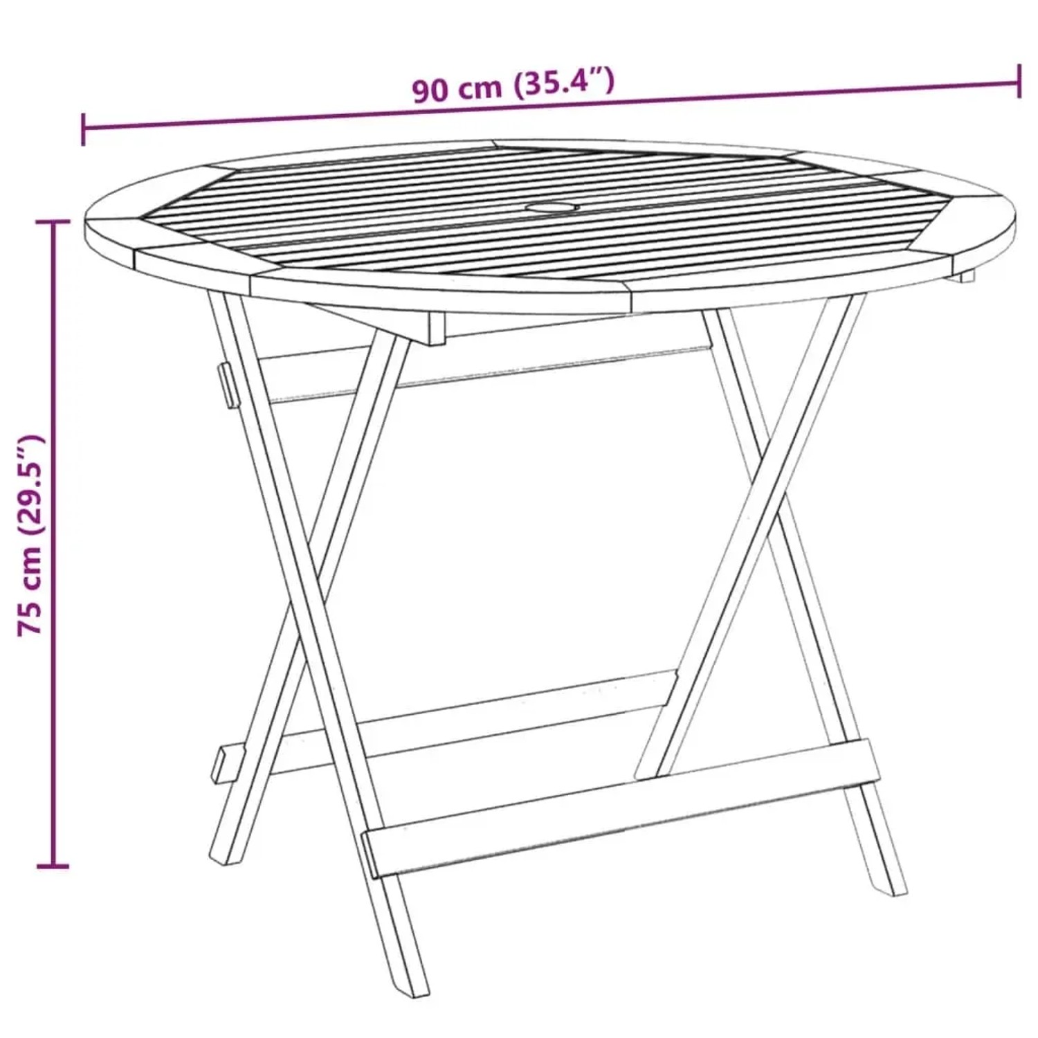 Skizze: Runder, klappbarer Gartentisch aus Akazienholz, 90x75 cm, Teil der vidaXL 5-tlg. Garten-Essgruppe.
