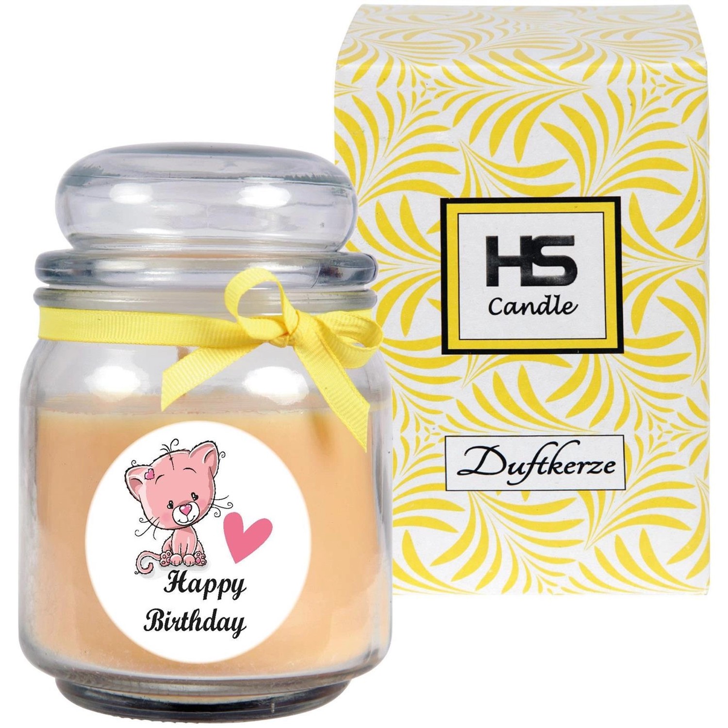 HS Candle Duftkerze Happy Birthday Vanille Katze im Glas mit gelber Schleife.