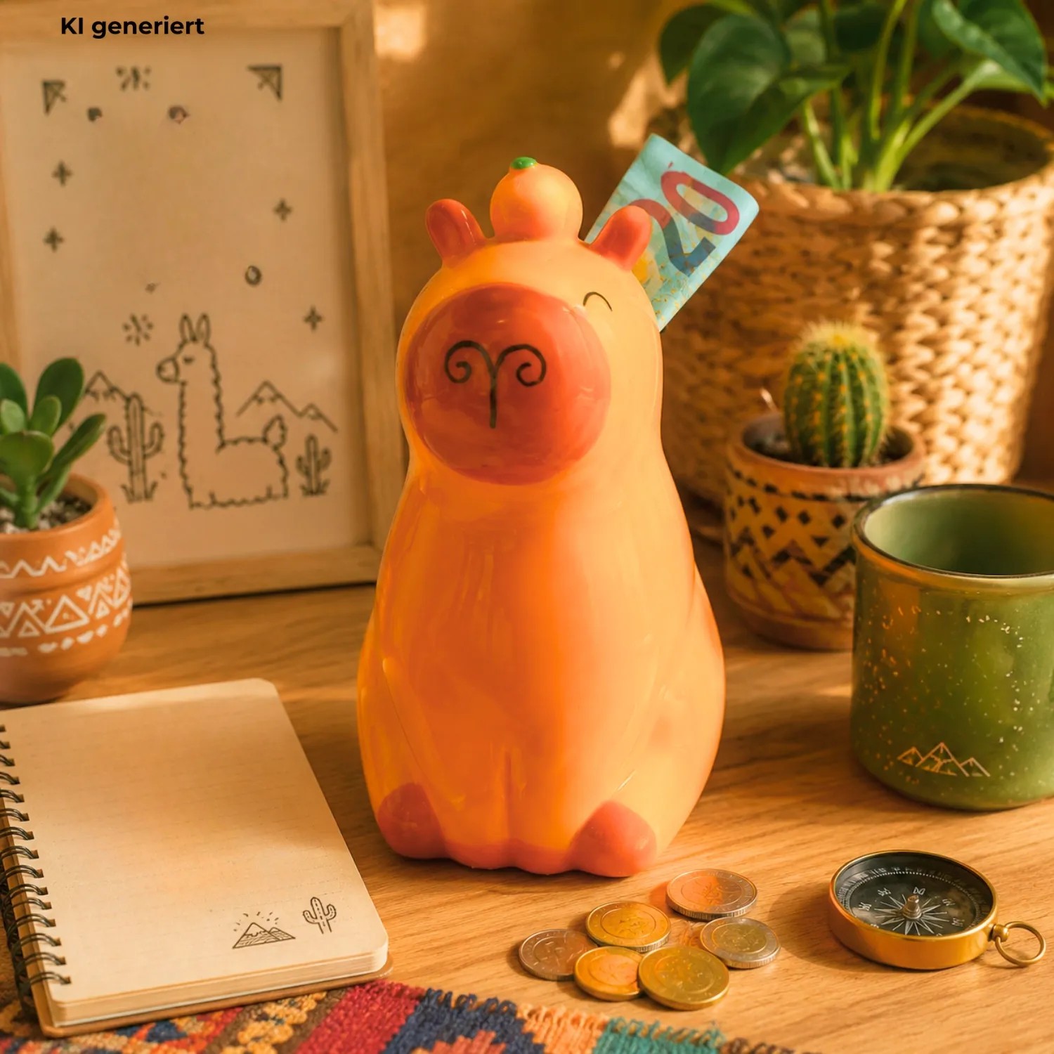 Gelbe Keramik Capybara Sparbüchse mit Geldschein und Münzen auf Holzschreibtisch. Kinderspardose, Geschenkartikel.