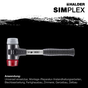 Halder Simplex Schonhammer mit grauem TPE-mid und rotem Plastikeinsatz, verstärktem Tempergussgehäuse und Fiberglasstiel.