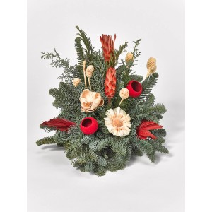 Urnengesteck Nobilis, 25 cm: Dekoratives Grabgesteck mit Nobilis, Thuja, Trockenblumen und roten Akzenten.