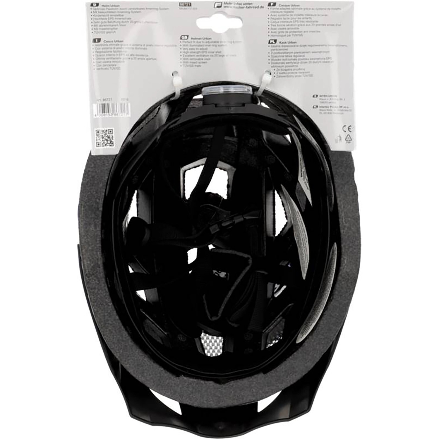 Schwarzer Fischer Fahrradhelm Urban Lano Gr. L/XL, Innenseite mit Polsterung und Verstellsystem.