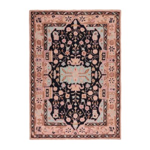 Handgetufteter Flair Rugs Wollteppich Blossom, schwarz-rosa mit floralem Muster und hellblauen Akzenten.