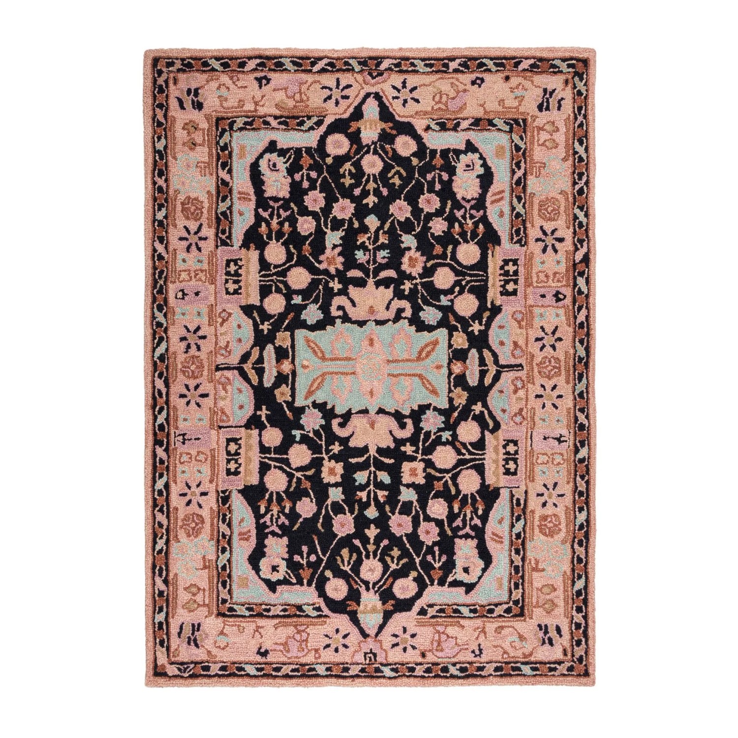 Flair Rugs Wollteppich Blossom 120 cm x 170 cm Schwarz-Rosa