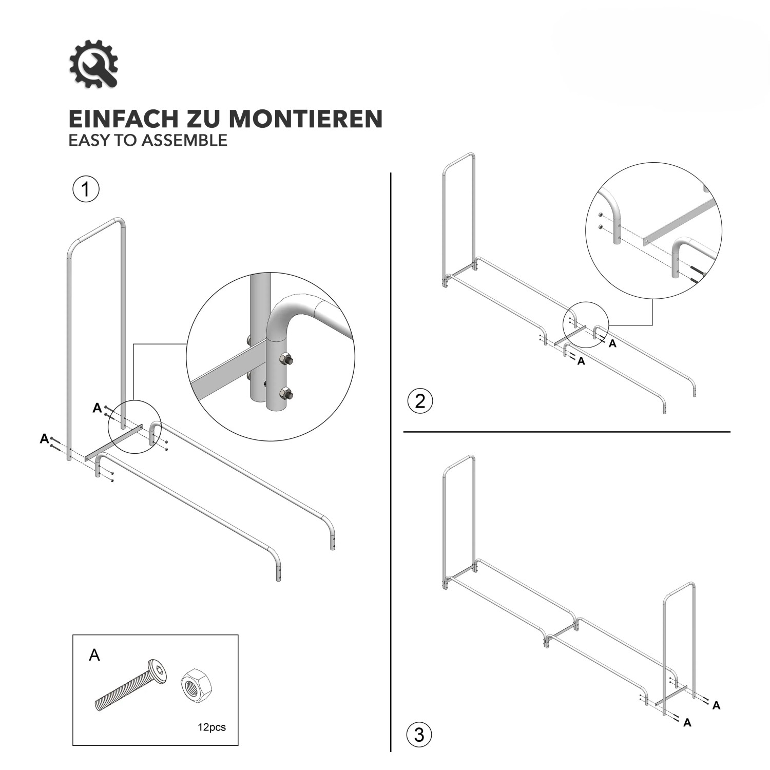 Montageanleitung für KARAT Kaminholzregal Patmos, Regalsystem in 3 Schritten.