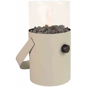 Weiße Cosi Gaslaterne Cosiscoop mit Glasaufsatz, Kieselsteinen und Tragegriff. Terrassenheizer.