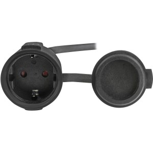 Schwarze CEE Adapterleitung mit Schutzkontakt-Kupplung und Abdeckklappe für Autoanhänger.