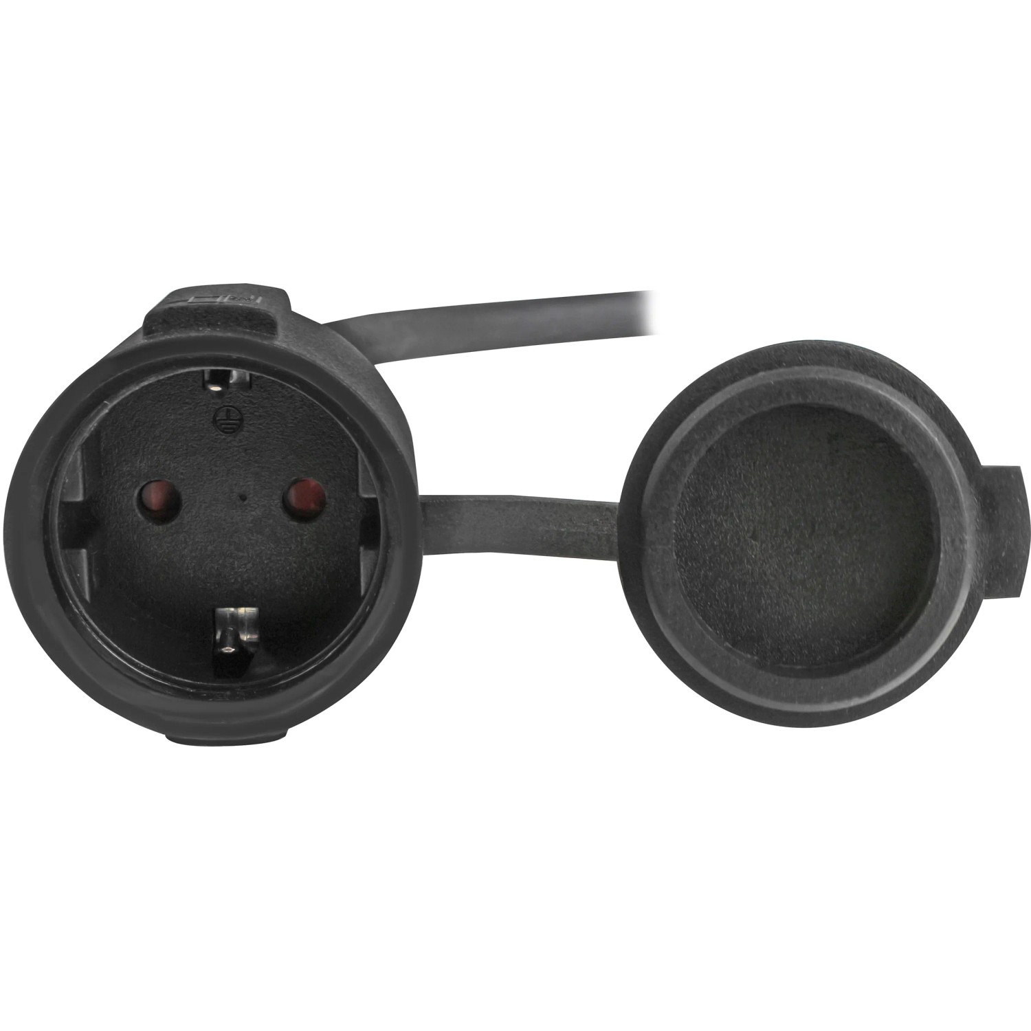 Schwarze CEE Adapterleitung mit Schutzkontakt-Kupplung und Abdeckklappe für Autoanhänger.