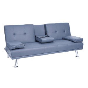 Dunkelblaues 3er-Sofa F60 aus Kunstleder mit Tassenhalter und Schlaffunktion.