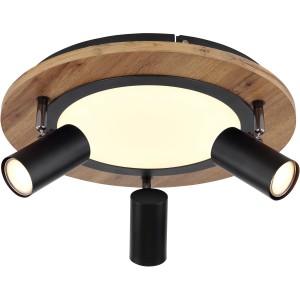 Globo LED-Deckenleuchte Kassu, 4-flammig, schwarz matt mit Holzoptik. Moderne Deckenlampe für Wohnräume.