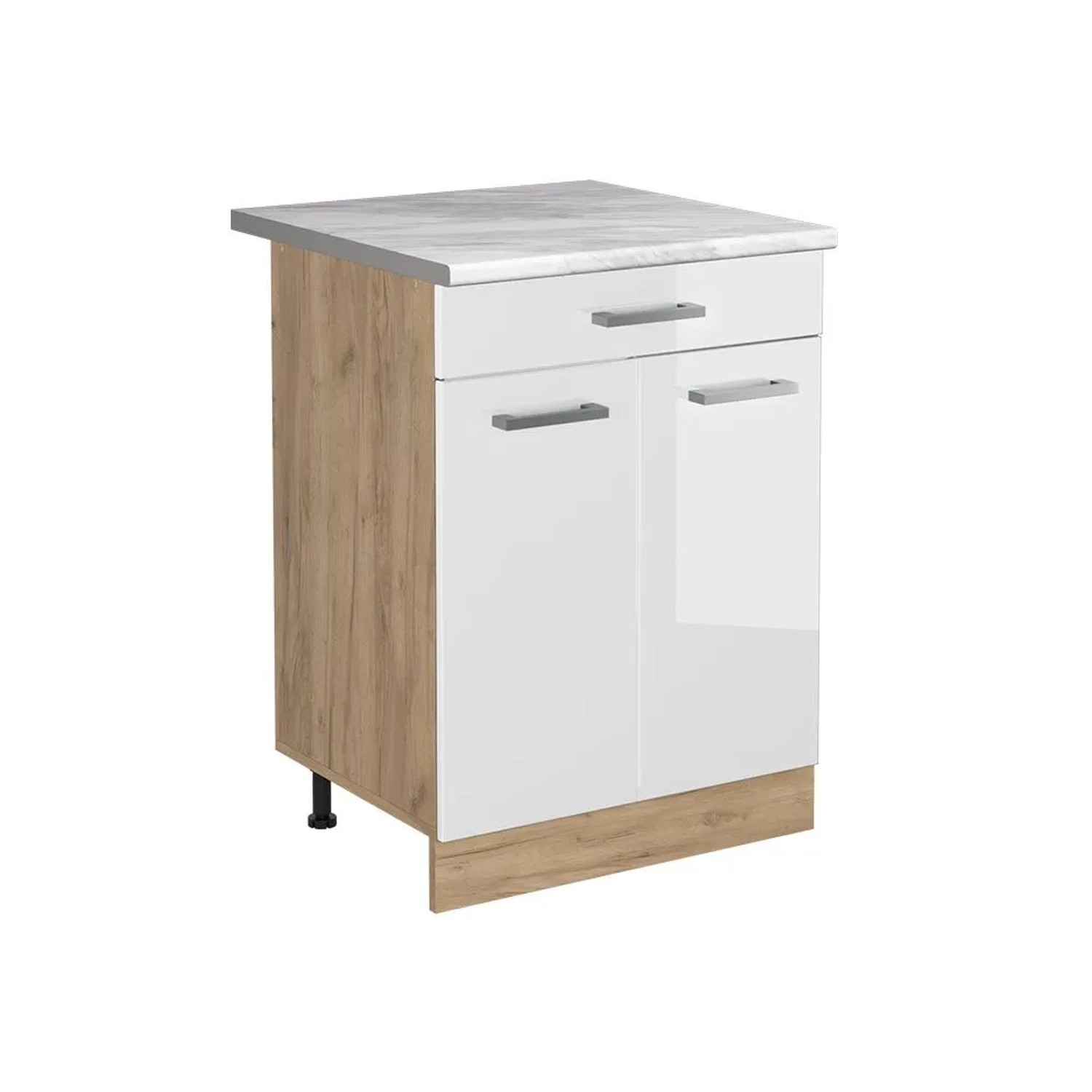 Vicco Küchenunterschrank R-Line Weiß Hochglanz/Goldkraft Eiche 60 x 82 mit Schublade Arbeitsplatte Marmor Art Nr 61229