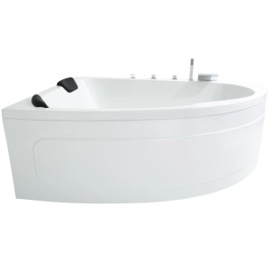 Weiße Basera Eckbadewanne Guam für 2 Personen, 180x130 cm, mit Kopfstützen und Armatur.