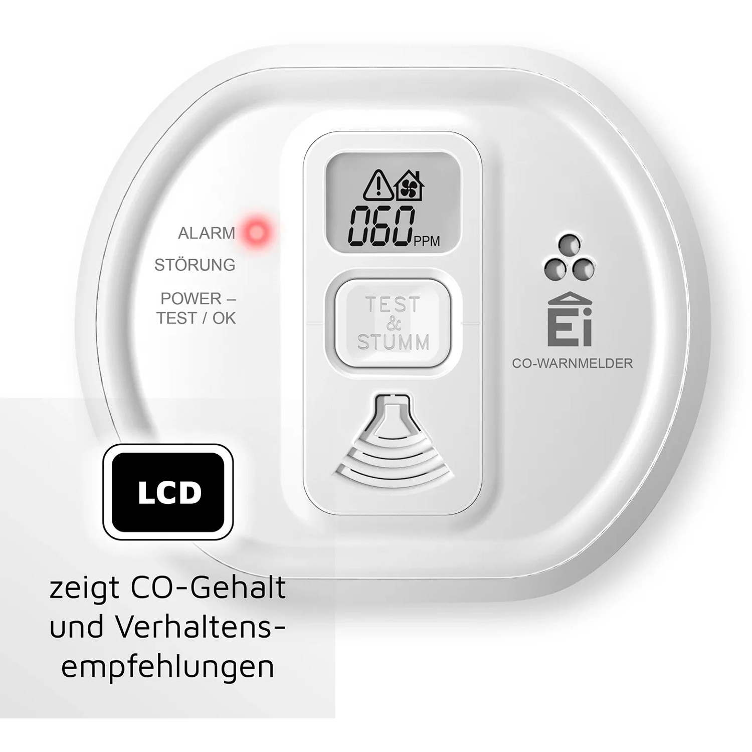 Ei Electronics Kohlenmonoxidmelder Ei208D: Weißer CO-Melder mit Display, das den CO-Gehalt anzeigt.