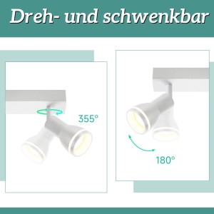 Weißer Deckenstrahler, 355° drehbar und 180° schwenkbar. Flexibler, moderner Metall-Spot.