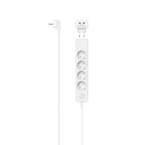 Weiße Hama Steckdosenleiste mit 5 Schutzkontakt-Steckdosen, USB-C-Adapter und Schalter.