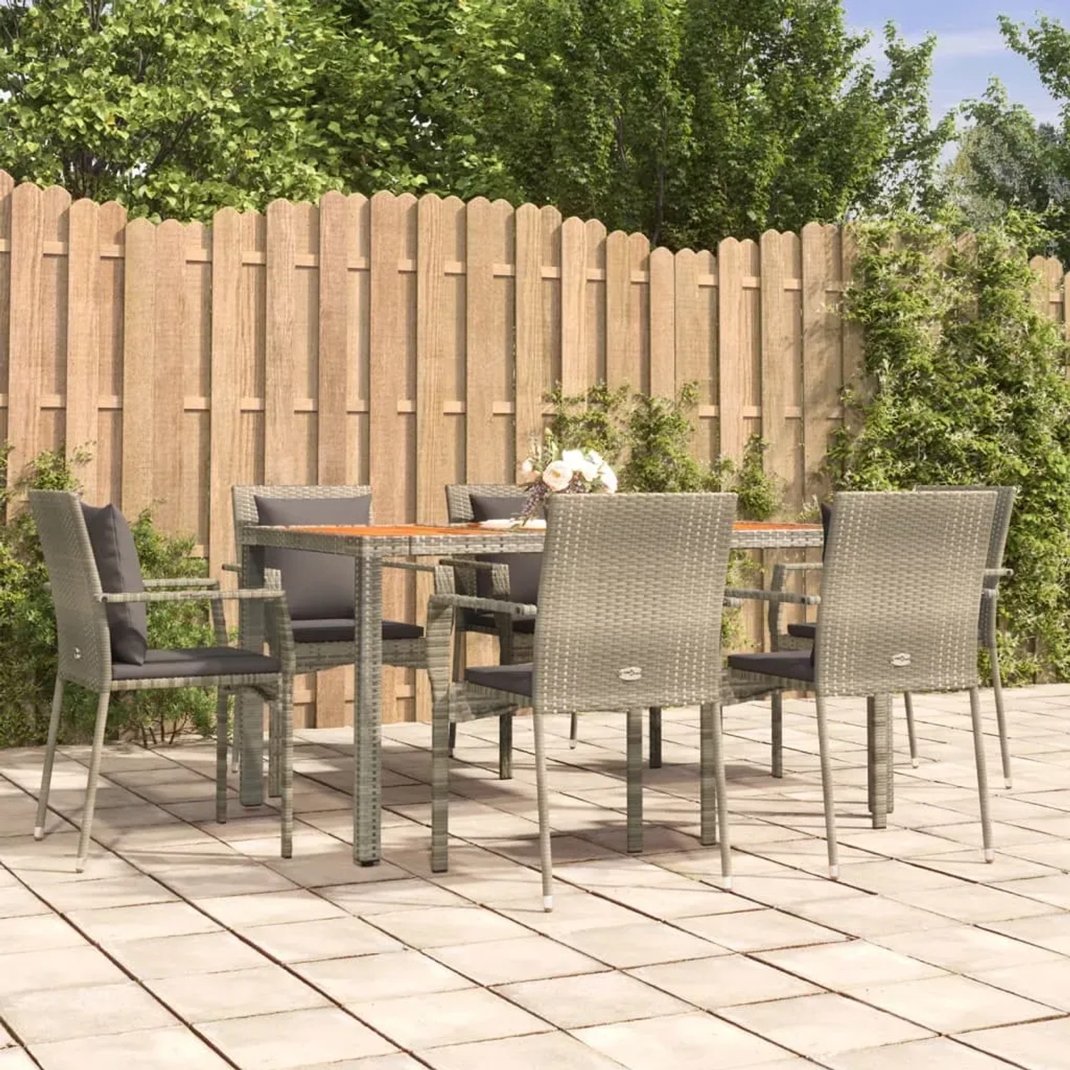 7-tlg. Garten-Essgruppe Grau Poly Rattan mit Tisch und Stühlen mit Kissen.