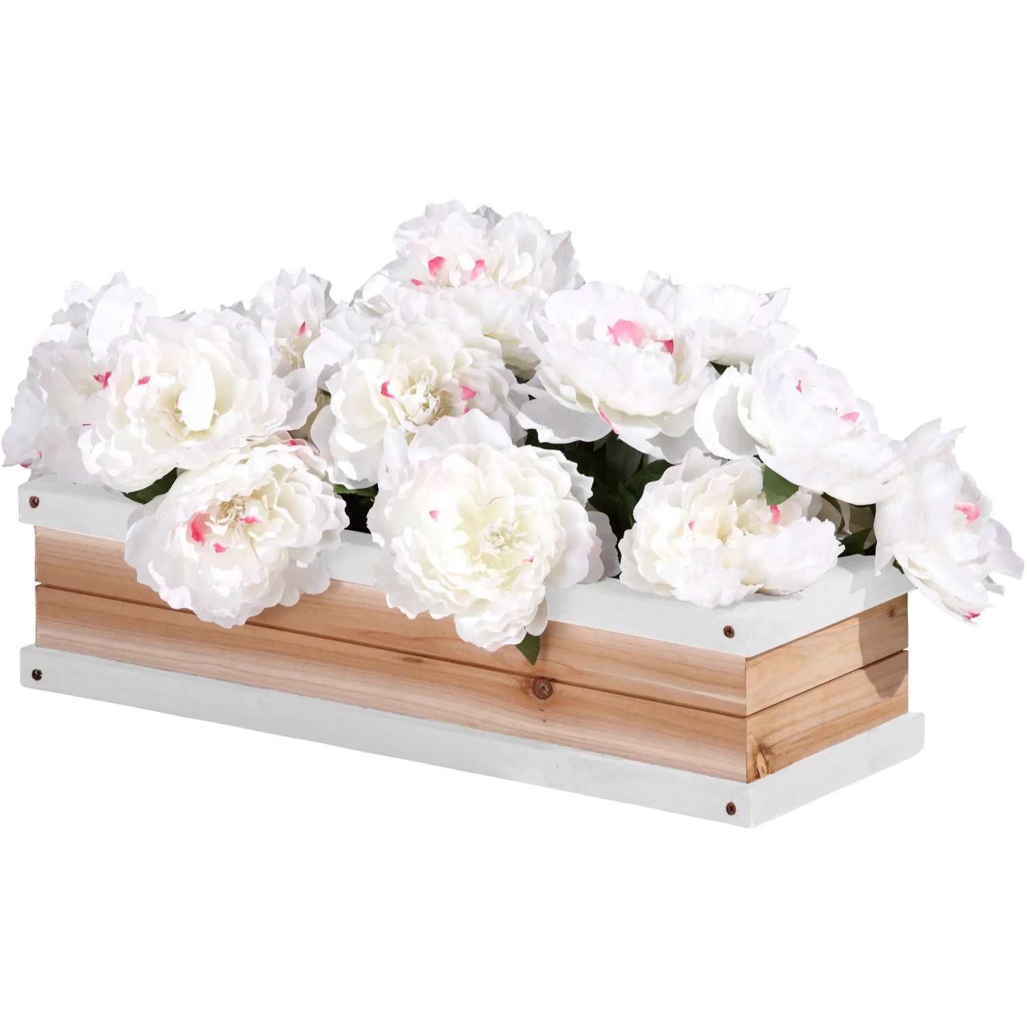 AXI Blumenkasten, braun/weiß, 19x54x11,5cm, mit weißen Blüten. Zubehör für Gartenspielgeräte.