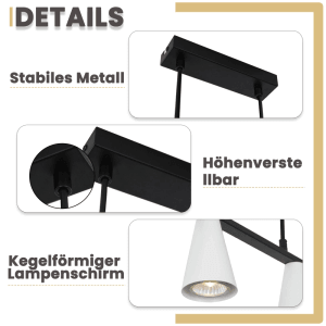 Details der NETTLIFE Pendelleuchte: schwarze Metallstange, höhenverstellbar, weiße kegelförmige Lampenschirme aus Metall.