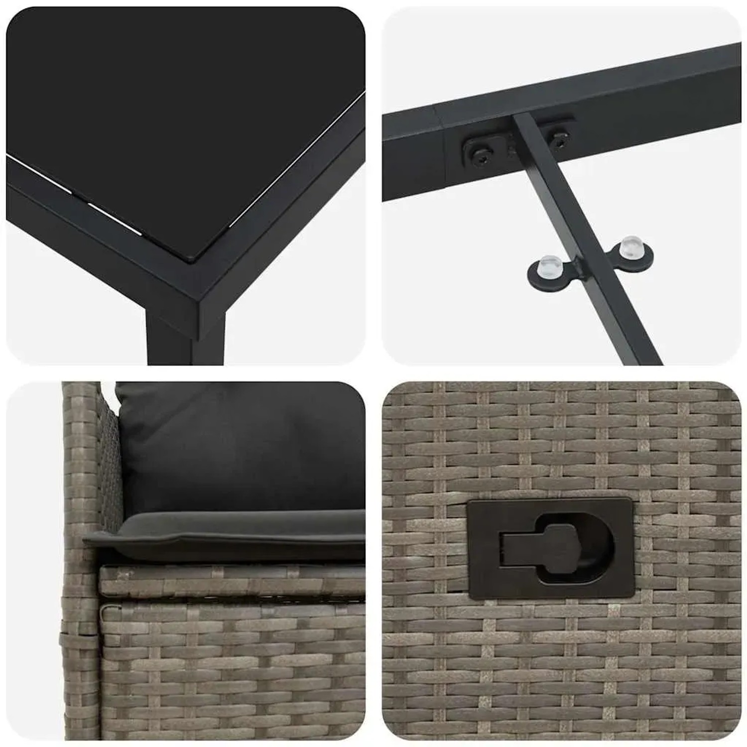 Detailansichten der grauen vidaXL Garten Essgruppe aus Polyrattan mit Tisch und Stuhl.