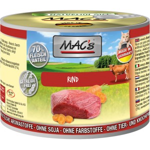 Mac's Katzen-Nassfutter Rind, 200g Dose. Getreidefreies Alleinfutter mit hohem Fleischanteil.