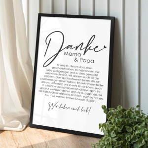 Gerahmtes Poster "Danke Mama und Papa" (40x60 cm) mit liebevoller Botschaft als Geschenkidee.