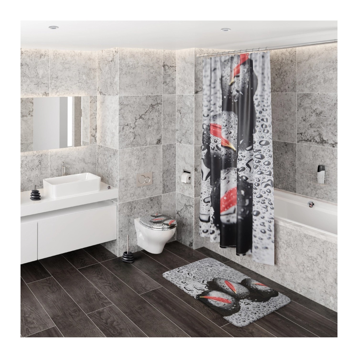 Modernes Bad mit Sanilo WC-Sitz Elegance, Duschvorhang und Badematte mit Stein-Motiv.