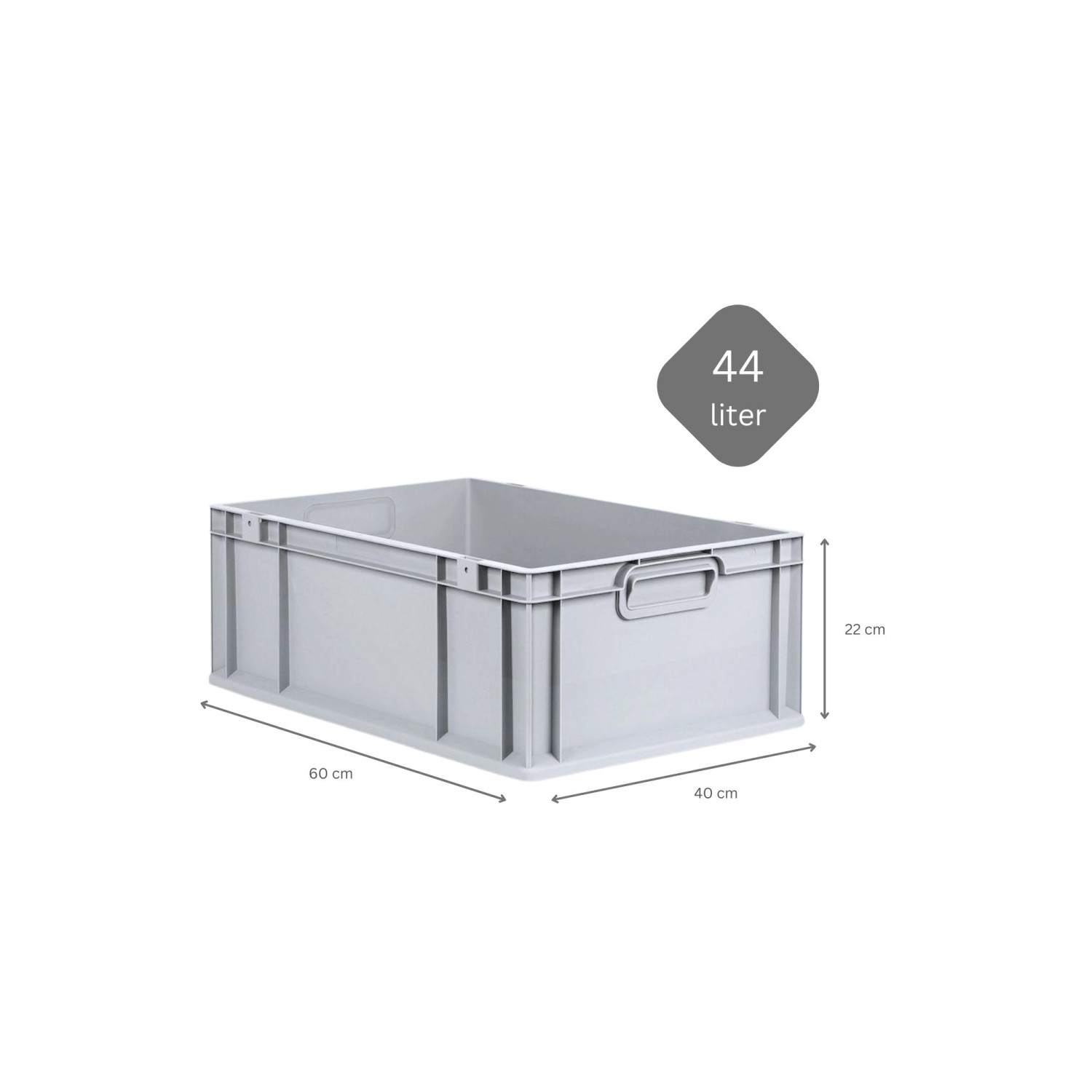 Graue PROREGAL Eurobox NextGen, 44 Liter, mit Griffmulden und Maßangaben.