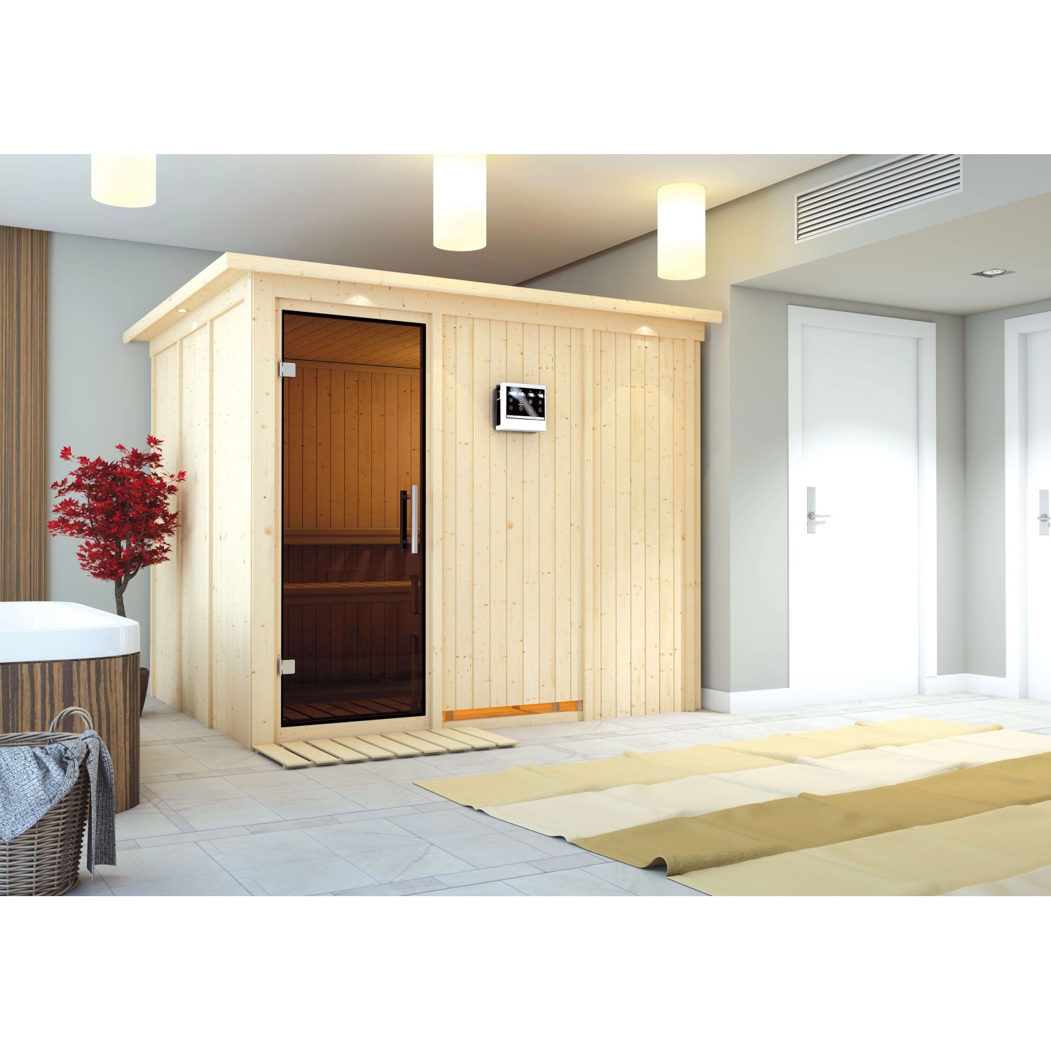 Karibu Sauna Gunda mit Bio-Ofen m. mit Ofen externe Stg.LED-Dachkranz Gr Natur
