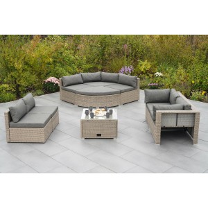 Merxx Rivello Lounge-Set mit Auflagen: Gartenmöbel aus Kunststoffgeflecht mit Tisch und grauen Polstern.
