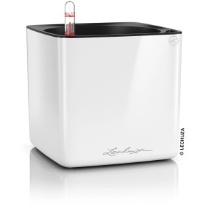 Weißes Lechuza Cube Glossy 14 Pflanzgefäß mit Wasserstandsanzeiger, 14x14 cm.