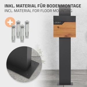 ML-Design Standbriefkasten in Anthrazit mit Holzoptik, Zeitungsfach und Pfosten in Anthrazit.