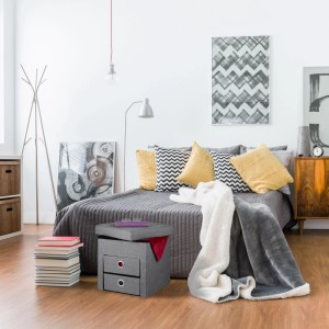 Relaxdays Sitzhocker mit Stauraum Polyester MDF Schaumstoff Dunkelgrau 2 Schubladen Faltbar Gepolstert 39 cm x 37 cm x 37 cm 4,1 kg