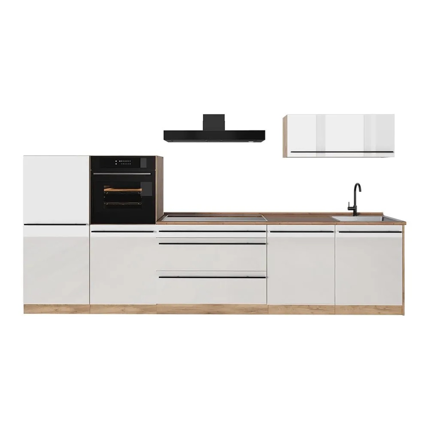 Vicco Küchenzeile R-Line Weiß Hochglanz/Goldkraft Eiche 340 x 143 ohne Arbeitsplatte Art Nr 66540