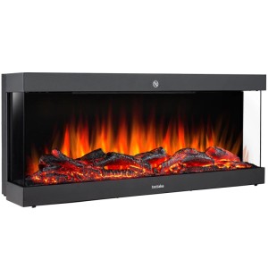 Schwarzer Tectake Elektro-Wandkamin Luciano mit 3D-Flammeneffekt, Holz- und Glutimitation. Modernes Design für gemütliche Wärme.