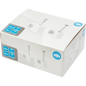 Nagelschellen-Set, 240-teilig, in weißer Verpackung. Ideal zur Fixierung von Kabeln und Rohren.