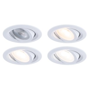 Vier weiße, schwenkbare FixedLED Einbaustrahler aus Kunststoff, zeigen verschiedene Lichtfarben. Praktisches LED-Set.